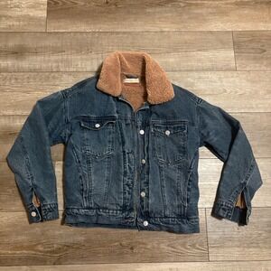 Anthropologie Pilcro Denim Jacket Women Small Blue Trucker Sherpa Lined Faux Fur